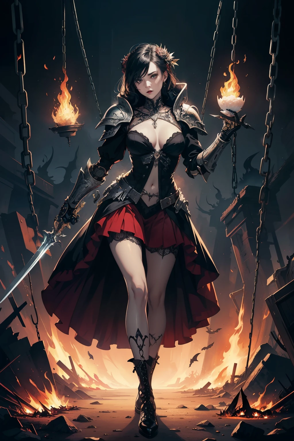  ((Finest quality)),(超A high resolution),(ultra-detailliert),(Meticulous portrayal),((Best Anime)),(Finest works of art),(Ultra-Precision Art),(The art of astounding depiction,Overwhelming depiction:1.5),(intricate and detailed art:1.6), (adult woman:1.5),(Hanging:1.6),Staring at this:1.4,sneering:1.5,(Armor shaped like a skeleton:1.3), (Black Flame:1.5), terrifying, nightmarish, cosmic horror, a heavenly female knight, biblical, very skinny, detailed, best quality, prominent collarbones, skinny arms, flat stomach, visible hip bones, dynamic poses, full body, red and white clothing, occult aesthetic, occult, detailed and intricate steampunk and detailed gothic, Fluttering lace flared long knee length dress with frilly petticoats, knee length dress, pleated petticoats, petticoats gothic, complex lace boots, gothic aesthetic, wielding a mighty sword with mechanical components, mandalas, full body, whole body, body, chains, 