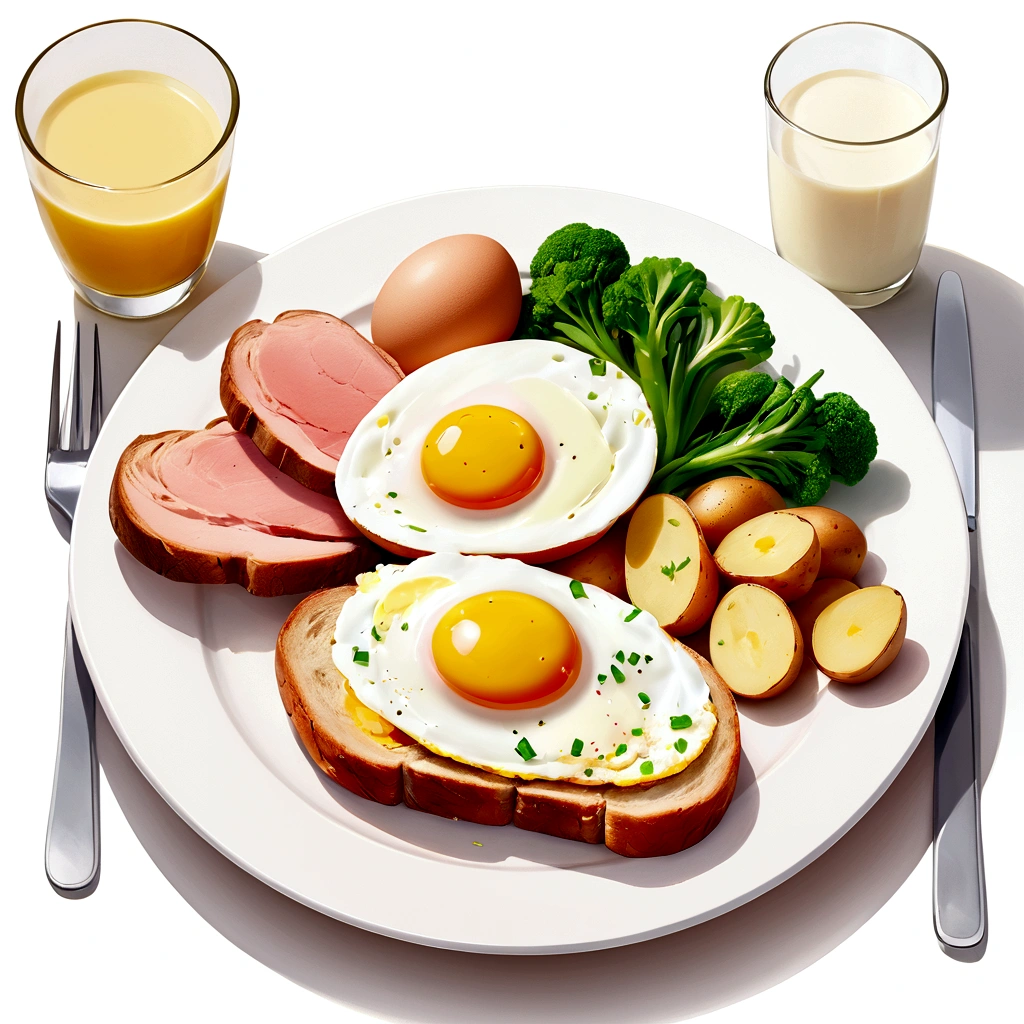 ((best quality)), ((masterpiece)), (detailed), loose water color style, minimalist, create a picture of healthy food on a plate. The food consist of, Eggs, bread, potatoes, glass of milk, meat, chicken meat, some vegetables, against brilliant white background, 8k, high resolution, vibrant color, isolated white