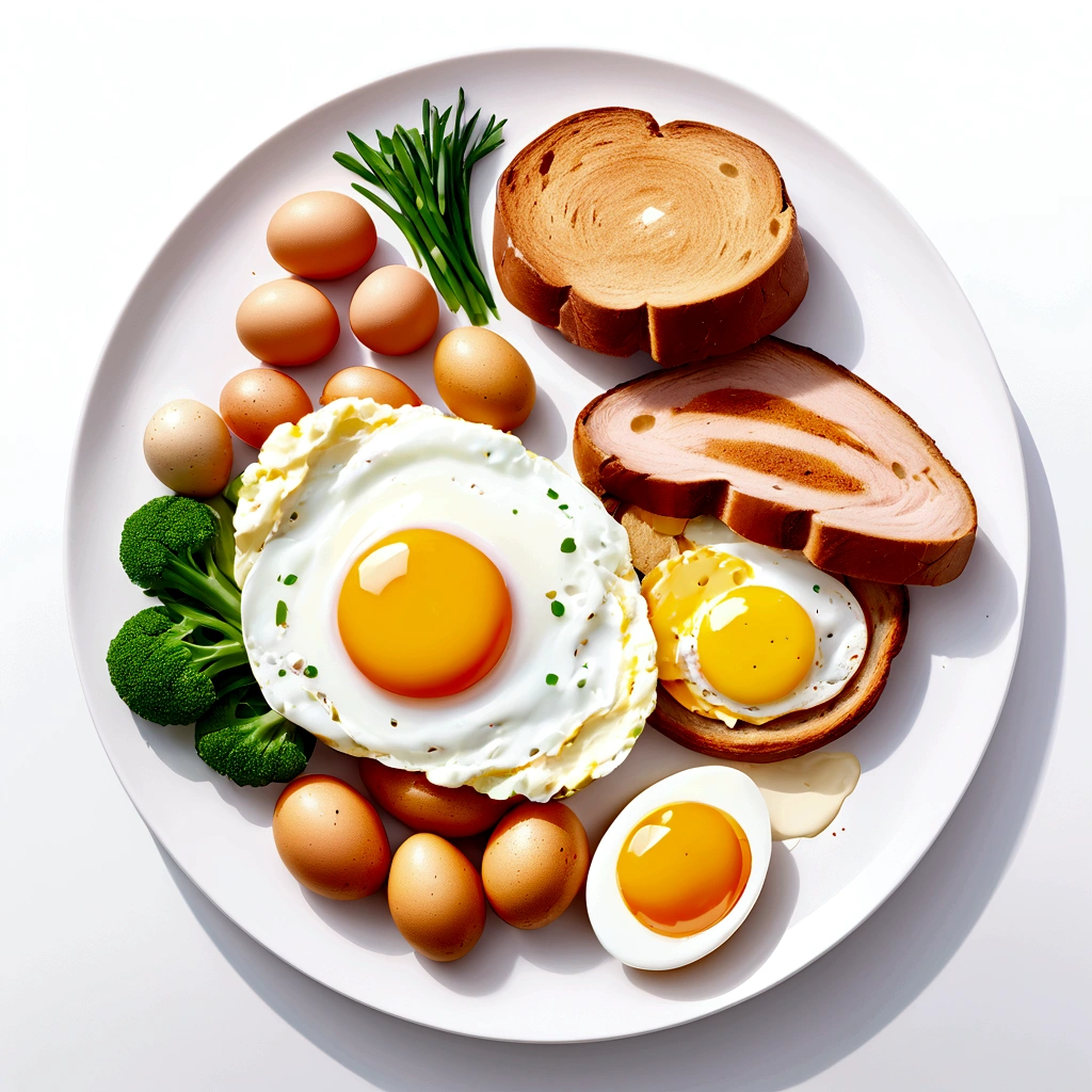 ((best quality)), ((masterpiece)), (detailed), loose water color style, minimalist, create a picture of healthy food on a plate. The food consist of, Eggs, bread, potatoes, glass of milk, meat, chicken meat, some vegetables, against brilliant white background, 8k, high resolution, vibrant color, isolated white