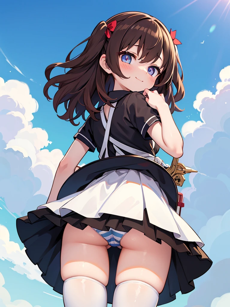 masterpiece, best quality, extremely detailed, anime, girl, ((short hair,)) ((two side up,)) (((wavy hair,))) hair between eyes, ((dark brown hair,)) blue eyes, (((slant eyes,))) (((tsurime,))) (((white pupil,))) pale skin, (tiny,) rotund, small breasts, white dress, red hair ribbon, (black thighhighs,) fang, (((ass forcas,))) striped panties,  smile, ((from below,)) skirt lift, closed mouth, gleaming skin, glistening skin,