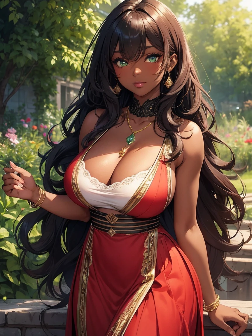 Highest Quality, ​masterpiece, beautifully detailed eyes, (dark skin), Beautiful russian woman with gigantic tits,wavy very long hair, bangs, dark red hair, green eyes, gagantic natural breasts, standing, makeup, glossy lips, full lips, garden, light smile, blush, sleeveless dress, collarbone, necklace, high heels, tiered skirt, layered skirt