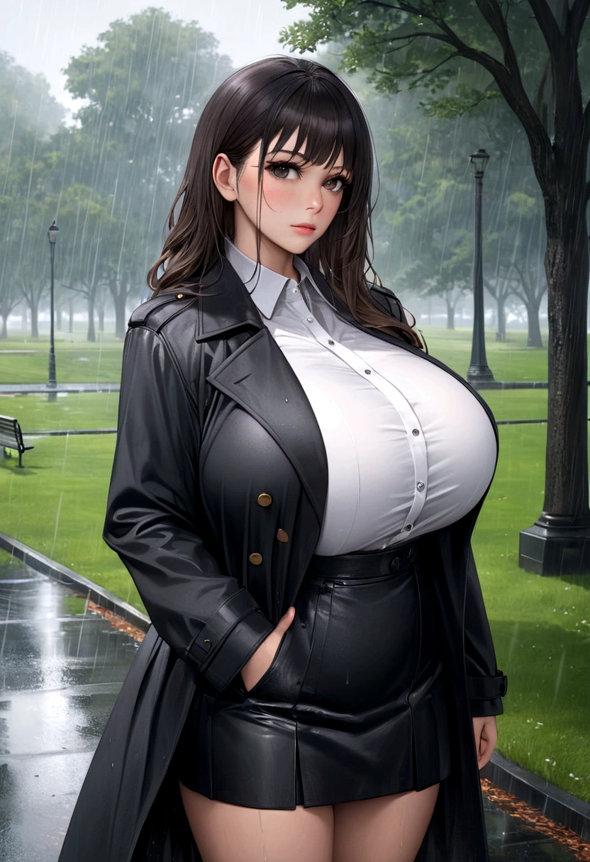 beautiful busty milf in Black Trench Coat, standing in a park, rainy day, photorealistic, masterpiece, cowboy_shot, giga_busty, black skirt, white shirts,