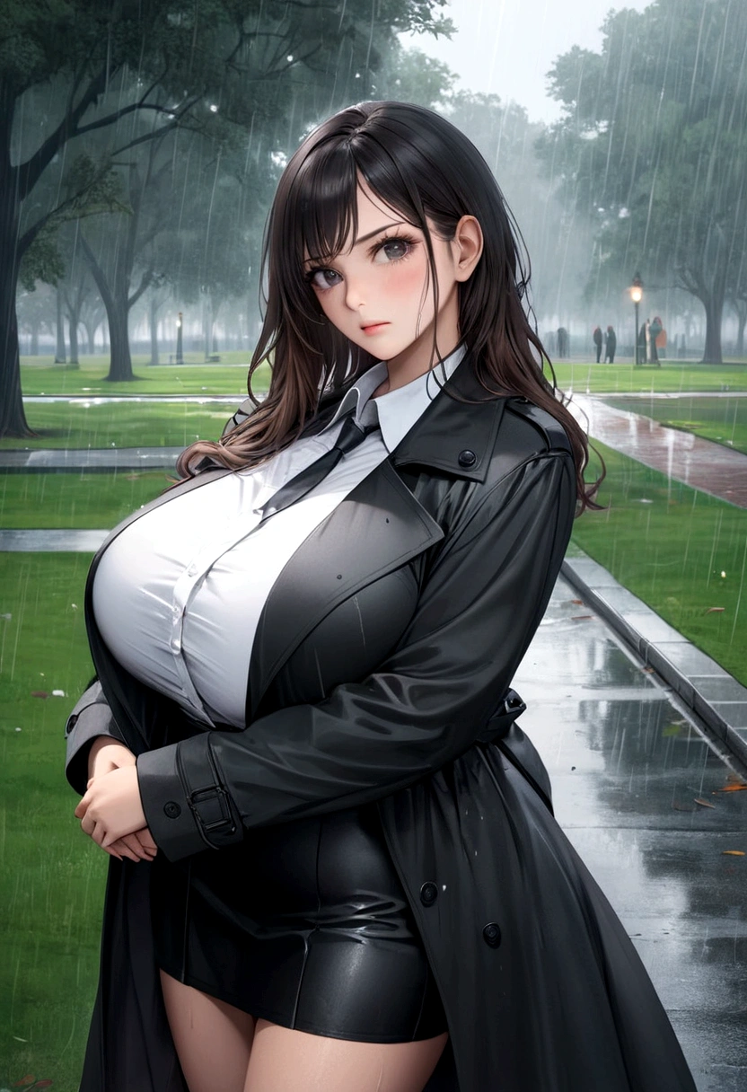 beautiful busty milf in Black Trench Coat, standing in a park, rainy day, photorealistic, masterpiece, cowboy_shot, giga_busty, black skirt, white shirts, 