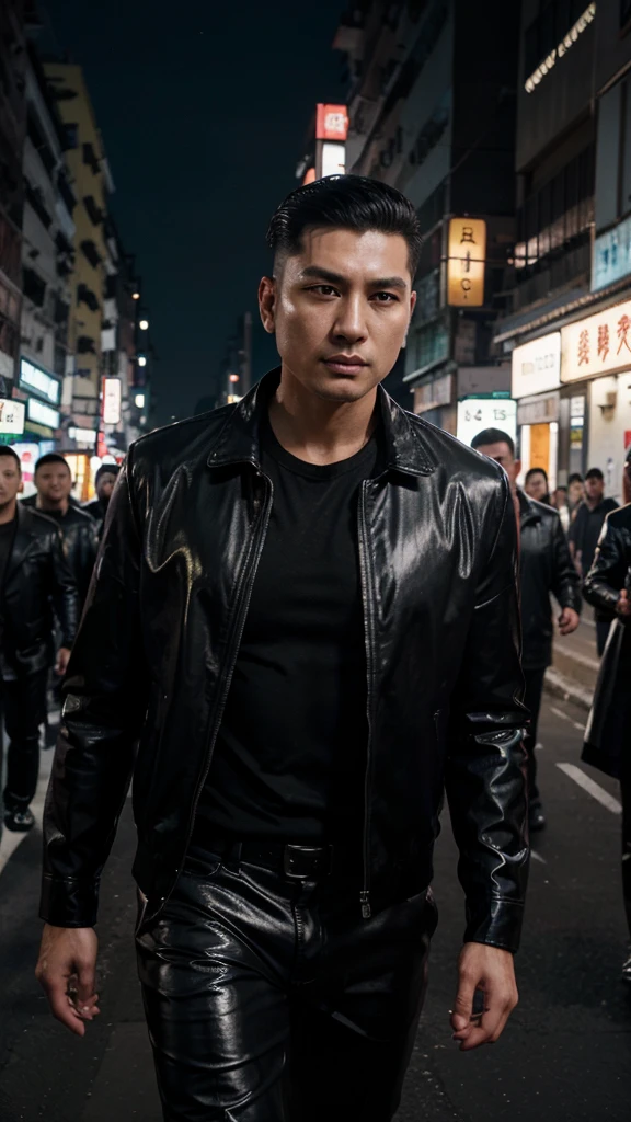 A handsome Hong Kong mafia boss is walking coolly with a gang of mafia, wearing a shiny black leather jacket, Undercut hair is combed neatly, night road background, real photo, professional photo, clear photo, realistic photo, full HD, 4k 