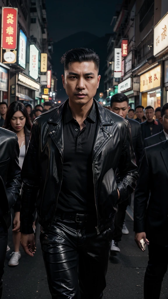A handsome Hong Kong mafia boss is walking coolly with a gang of mafia, wearing a shiny black leather jacket, Undercut hair is combed neatly, night road background, real photo, professional photo, clear photo, realistic photo, full HD, 4k