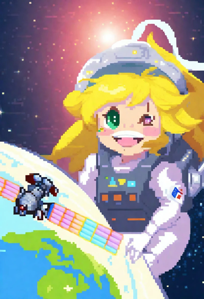 anime style image of a space station with a satellite and a space shuttle, venus squid astronaut, space molly, pixiv contest winner, lunar themed attire, official art, satellite, blocking the sun, pikachu in space, official artwork, marisa kirisame, girl in space, in orbit, inspired by Leiko Ikemura, discord profile picture, powerful woman sitting in space