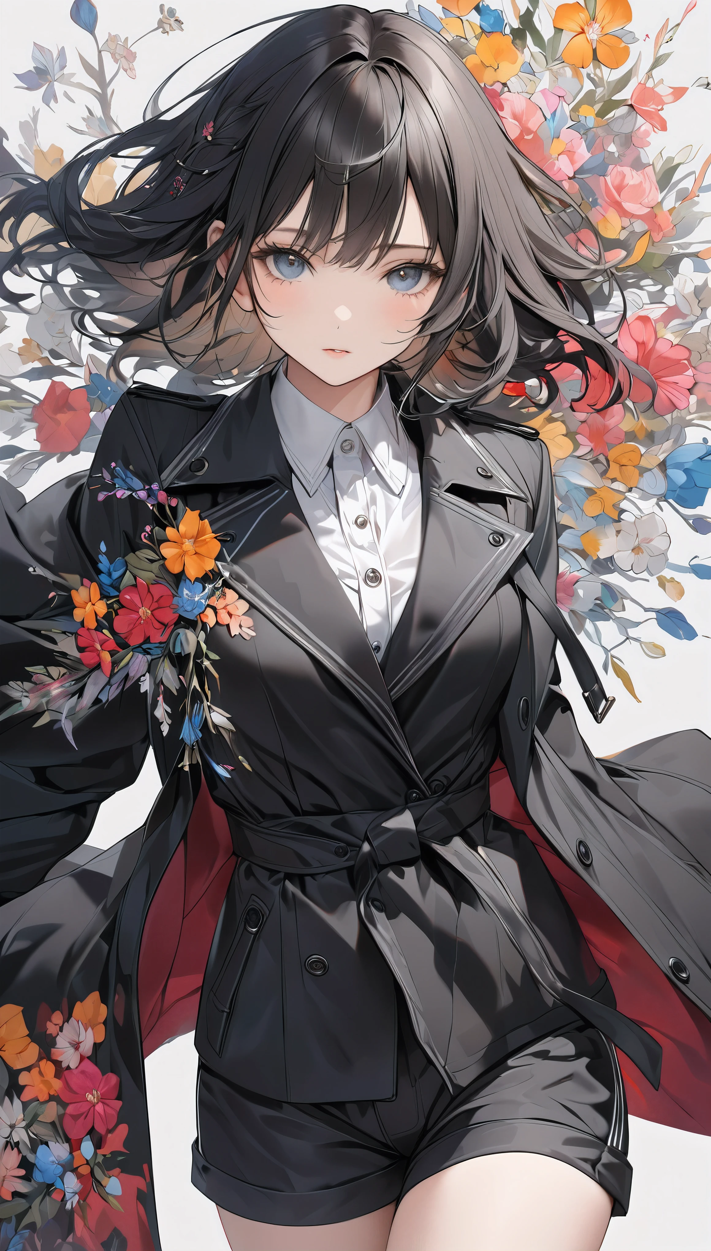 theme:Black trench coat, [kabuki|Ukiyo-e]wind, Flower Art, Transparent full color, 
A miraculous work of art that brings out the best in the BREAK Black trench coat, 
BREAK Detailed and complex texture, Luxurious wool texture, very fine-grained, ((Shallow shorts above the crotch)), 
BREAK A faded background that makes the subject stand out, Vivid transparent full color watercolors, 
BREAK Professional spray work,  Detailed and intricate brushwork, Detailed and clear depiction, Anatomically correct, Absurd aesthetics, Minimalism, Clear, crisp art, perfection, 
BREAK Dynamic shot, shot from above, A colorful background that highlights the black trench coat, 