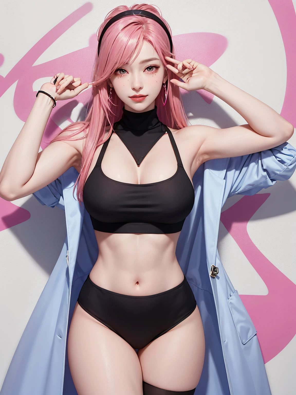 (Masterpiece, best quality, 1 girl, alone, complicated details, Chromatic aberration), realistic, ((Moderate breath)),long hair, pink hair, Red headpiece, Pink Highlights, hair on one eye,purple eyes, earring, sharp eyes, choker, Neon coat, She wears a collar, bangle, and kimono style garters., crop top, (symmetrical eyes),(Perfect symmetrical body),against the wall, Brick wall, (colorful graffiti words on the wall:1.2), The light is dim., alley ,Look at the viewer.、Dig the chest、smile、(sleeveless、Navel touch、Fitted turtleneck.)、street string hot pants、Thin bottom、Please build above the eaves..、Thin shoulders、in underwear、in sportbar、