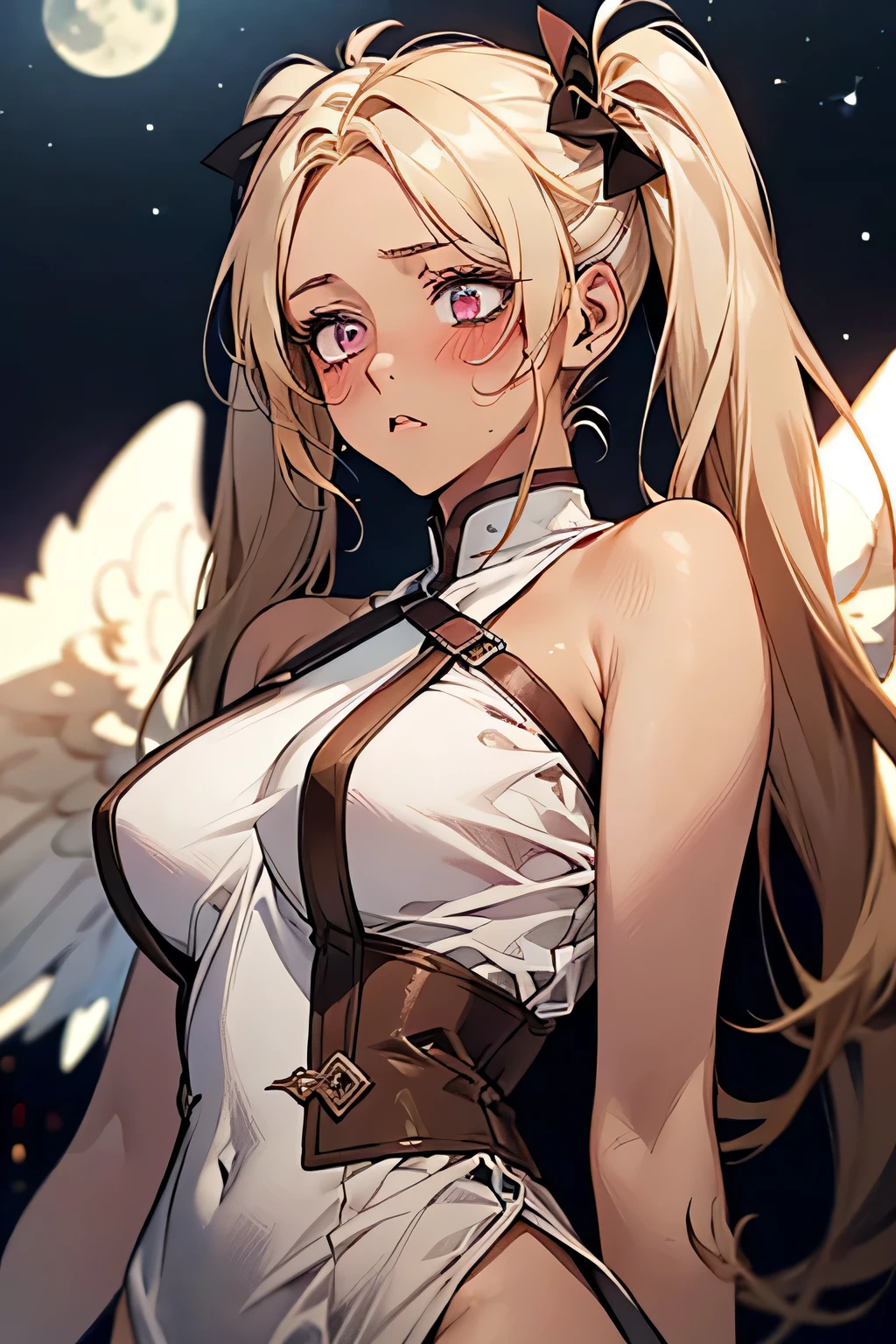 ((blonde)),Forehead,((anger:1.1)),((Embarrassing:1.1)),((Blush 1.5)),Purple eyes,Large Breasts,Dark purple bra,((Brown Skin:1.5)),Angel Wings,face down. Background is indoor,night.
