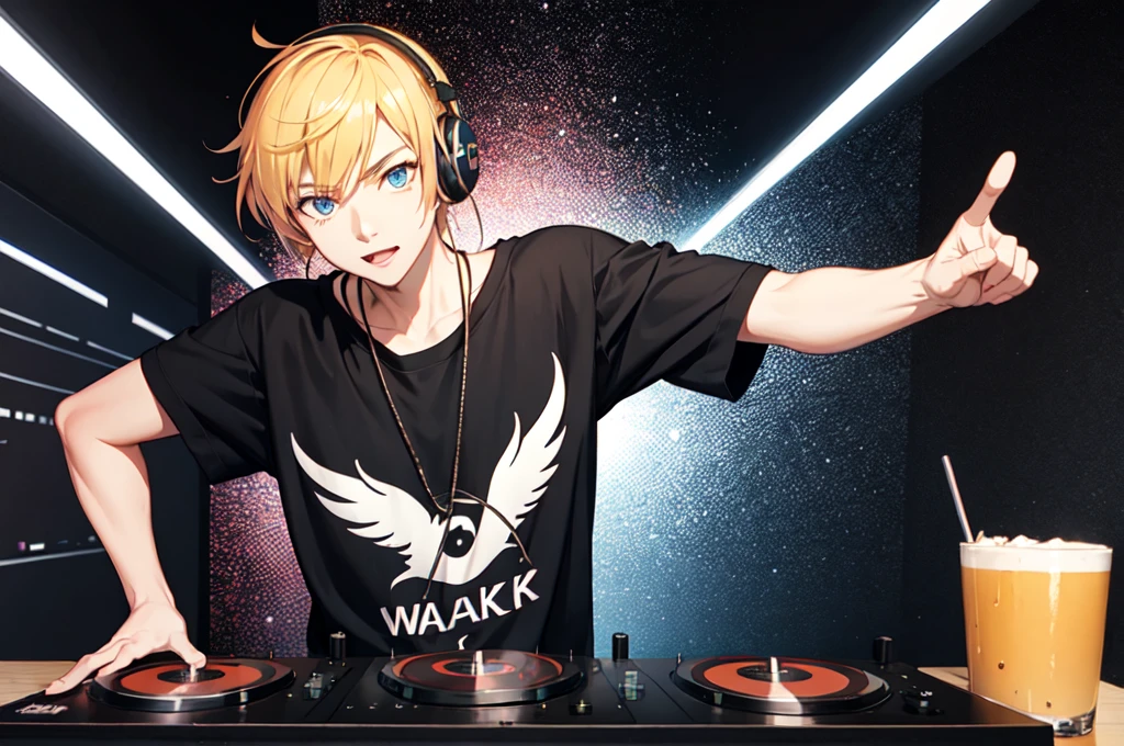 Beautiful wallpaper of Alan Walker as an anime character playing DJ, with alan walker logo printed on the character's T-shirt 
