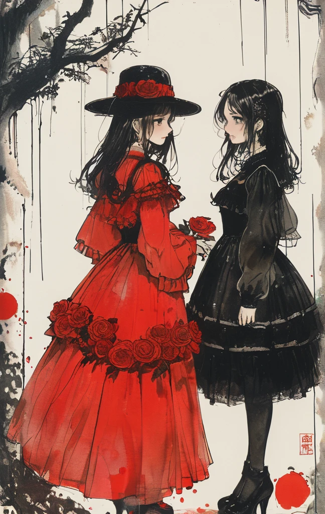 On a bright red campus"YES"Character、Beautiful Hardcore Illustration Homepage Illustration Style, Dark, High resolution, Hard-touch illustration, strong contours, Two girls, Gothic & ta style, Gothic & Loliashion, 8K, American comic book style, Colorful background, Hiroyuki Nagasaka, aggressive, Beautiful face, Cool Beauty, Dress, Beauty style, Rainbow Color, buttle, hard illustration, brown haired, two people, Halloween, Rose, Backwards,