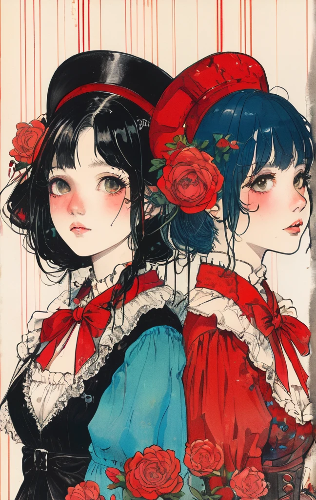 On a bright red campus"YES"Character、Beautiful Hardcore Illustration Homepage Illustration Style, Dark, High resolution, Hard-touch illustration, strong contours, Two girls, Gothic & Lolita style, Gothic & Lolita Fashion, 8K, American comic book style, Colorful background, Hiroyuki Nagasaka, aggressive, Beautiful face, Cool Beauty, Dress, Beauty style, Rainbow Color, buttle, hard illustration, brown haired, two people, Halloween, Rose, Backwards,