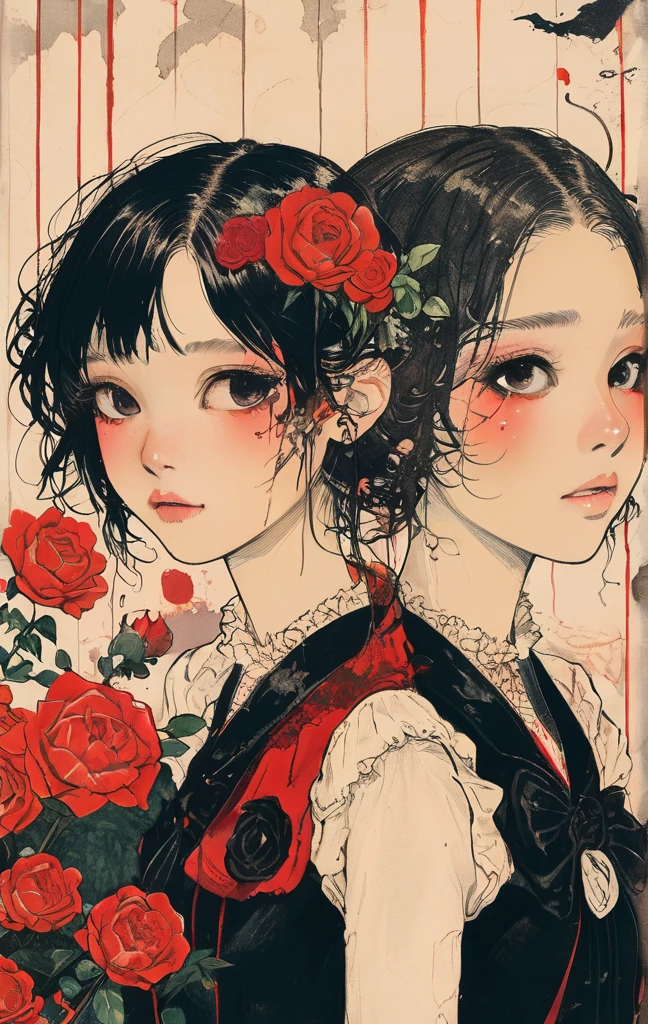 On a bright red campus"YES"Character、Beautiful Hardcore Illustration Homepage Illustration Style, Dark, High resolution, Hard-touch illustration, strong contours, Two girls, Gothic & Lolita style, Gothic & Lolita Fashion, 8K, American comic book style, Colorful background, Hiroyuki Nagasaka, aggressive, Beautiful face, Cool Beauty, Dress, Beauty style, Rainbow Color, buttle, hard illustration, brown haired, two people, Halloween, Rose, Backwards,