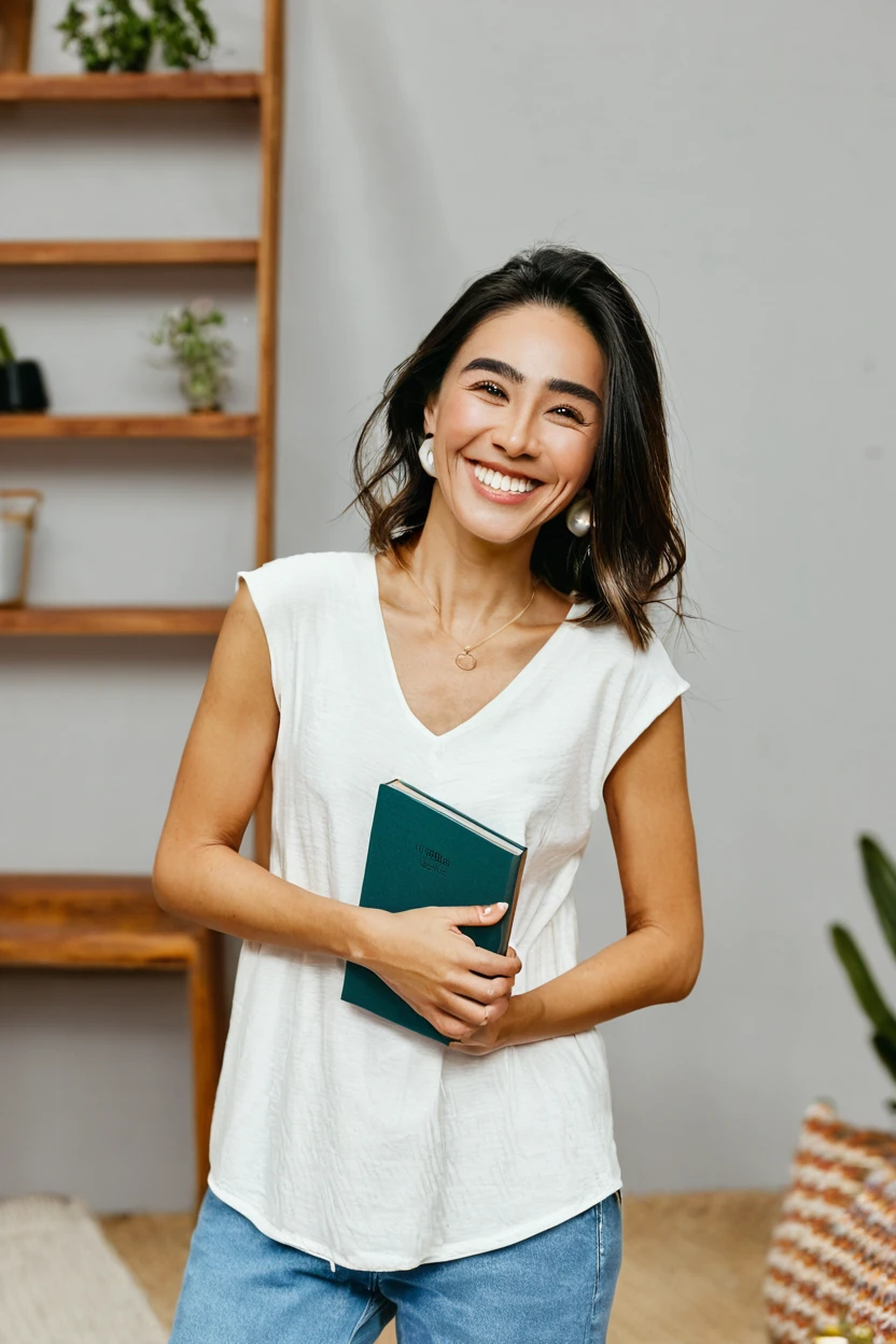 a woman standing and holding a book, smiling