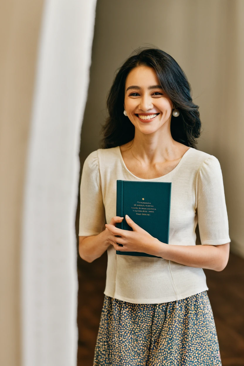 a woman standing and holding a book, smiling