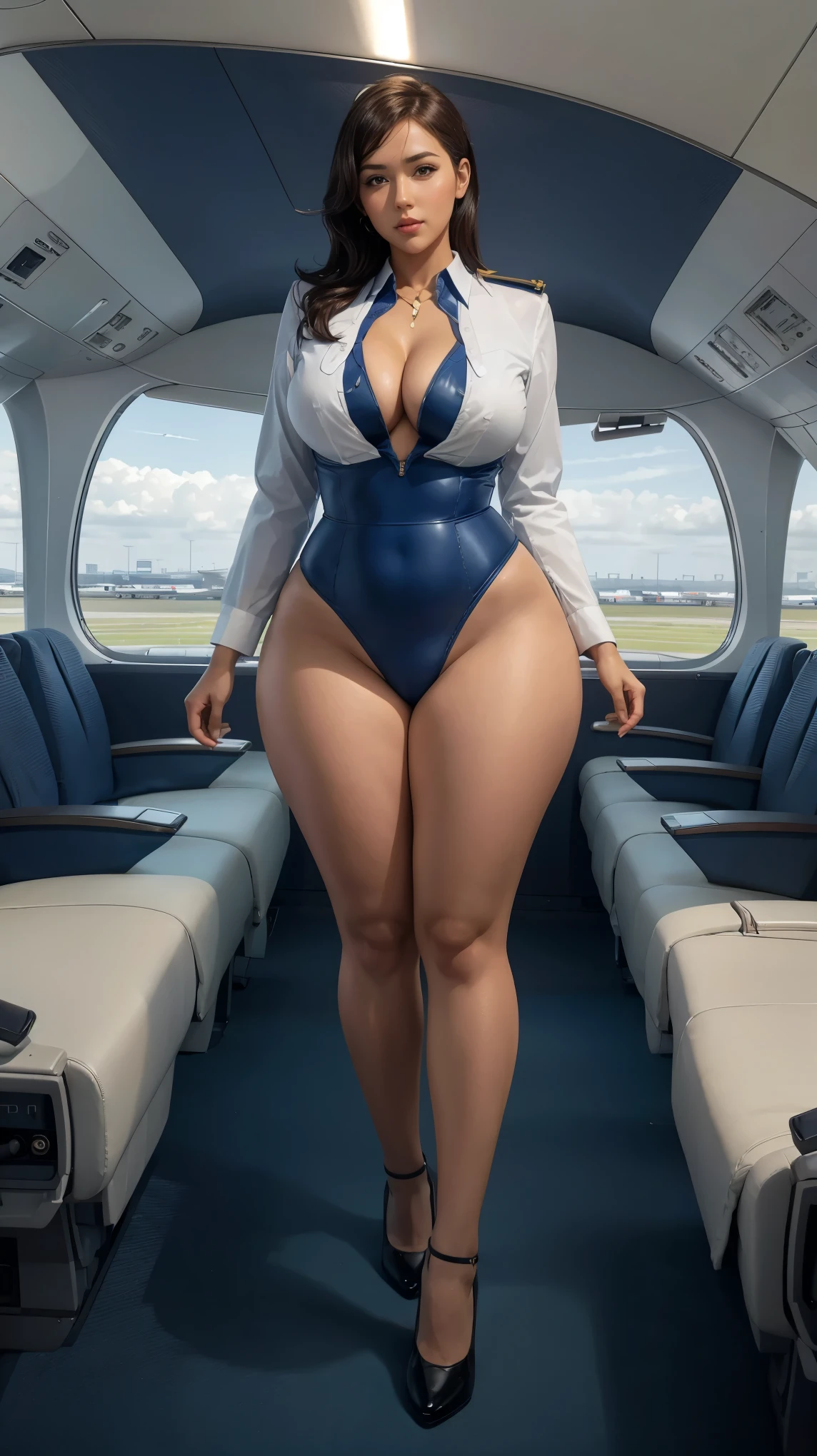 air hostess woman in aircraft, curvy, thick high, wide hips, loong legs, pawg, beautifull, full body shot, 