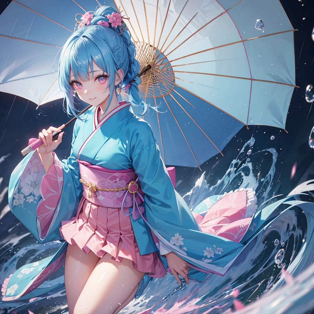 sky Blue hair, (braided ponytail),(pink eyes),fair skin ,(full body),(1 girl),smile,Straight Bangs,(masterpiece, best quality, ultra-detailed, best shadow), (detailed background), (beautiful detailed face), high contrast, (best illumination, an extremely delicate and beautiful), ((cinematic light)), colorful, hyper detail, dramatic light, intricate details,rain shower,kyoto,Japanese Umbrella,kimono,