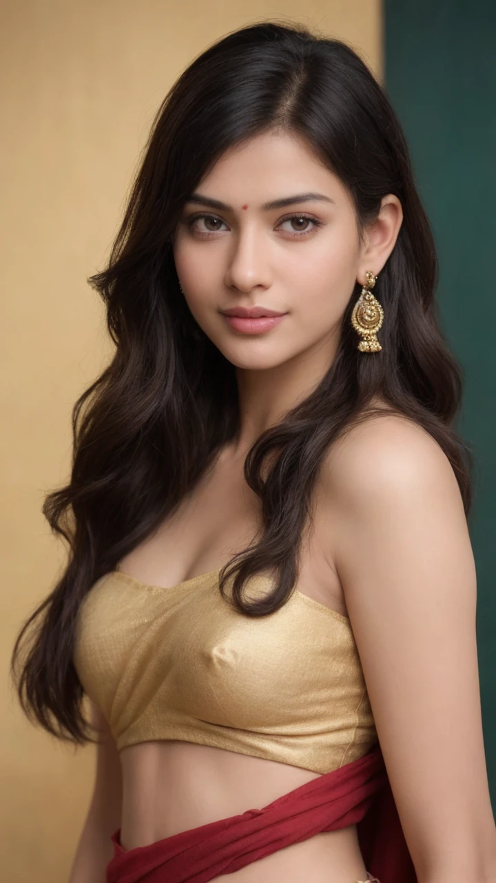 Gorgeous Bollywood supermodel, upper half body of (A hyper-realistic), (illustration), (high resolution), (8K), (highly detailed), smile, smiling, (The best illustration of beautiful detailed eyes), (top-quality), (ultra-detailed), (masterpiece), (beautiful attractive face), long hair, Earrings with bangs, ((20 year old Indian beautiful girl)), (((wearing traditional sari ))) , (((Glamorous body))) , Elegant Pose, Seduction pose, Looking at the camera, classroom in background, blackboard in background, beautiful teacher, big chest