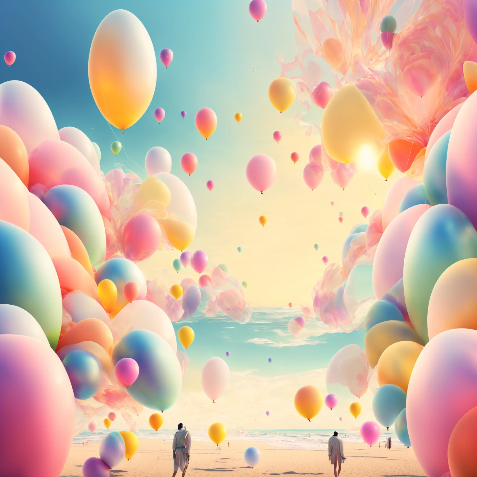 One painting depicts a beach scene，There are balloons and parasols, a Surreal dream landscape, Surreal dream landscape, Colorful flat surreal ethereal, A beautiful artistic illustration, Fantasy seascape, Fantasy illustrations, 3d matte illustration, in a Surreal dream landscape, blurred and Fantasy illustrations, 4k highly detailed digital art, surreal dreamscape, Surreal Background, 4k hd wallpaper illustration