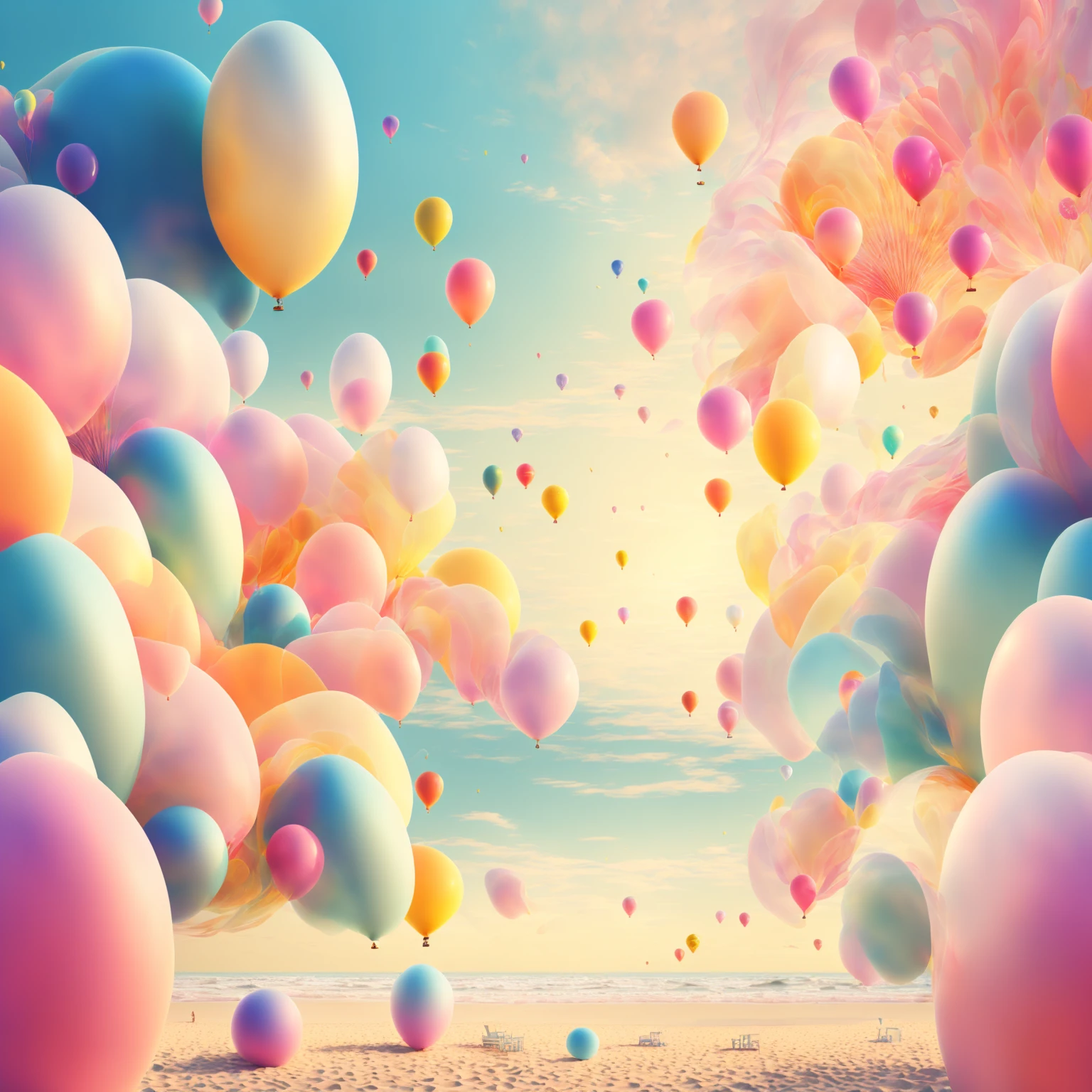 One painting depicts a beach scene，There are balloons and parasols, a Surreal dream landscape, Surreal dream landscape, Colorful flat surreal ethereal, A beautiful artistic illustration, Fantasy seascape, Fantasy illustrations, 3d matte illustration, in a Surreal dream landscape, blurred and Fantasy illustrations, 4k highly detailed digital art, surreal dreamscape, Surreal Background, 4k hd wallpaper illustration