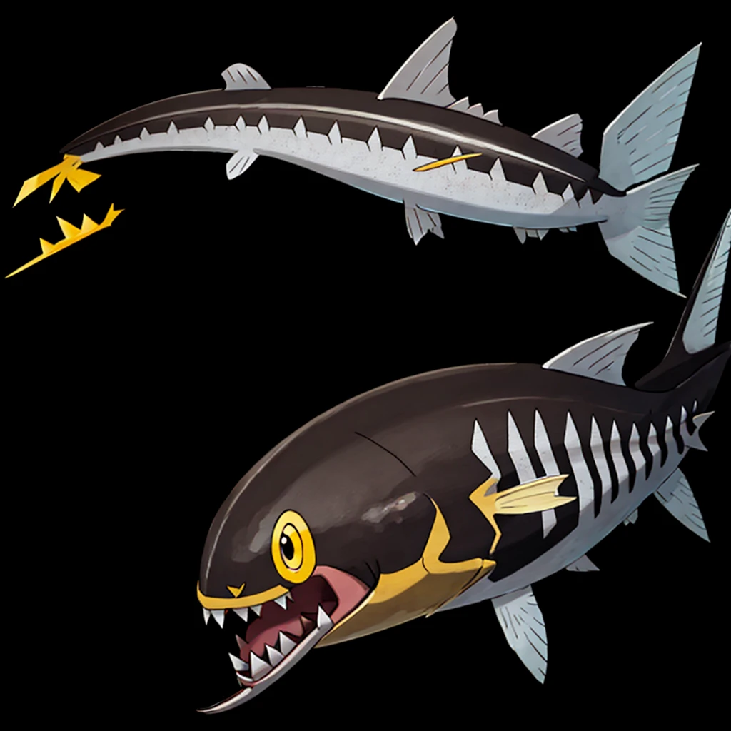 Pokemon salmon, evolved, Yellow eyes, Sharp teeth, legendary