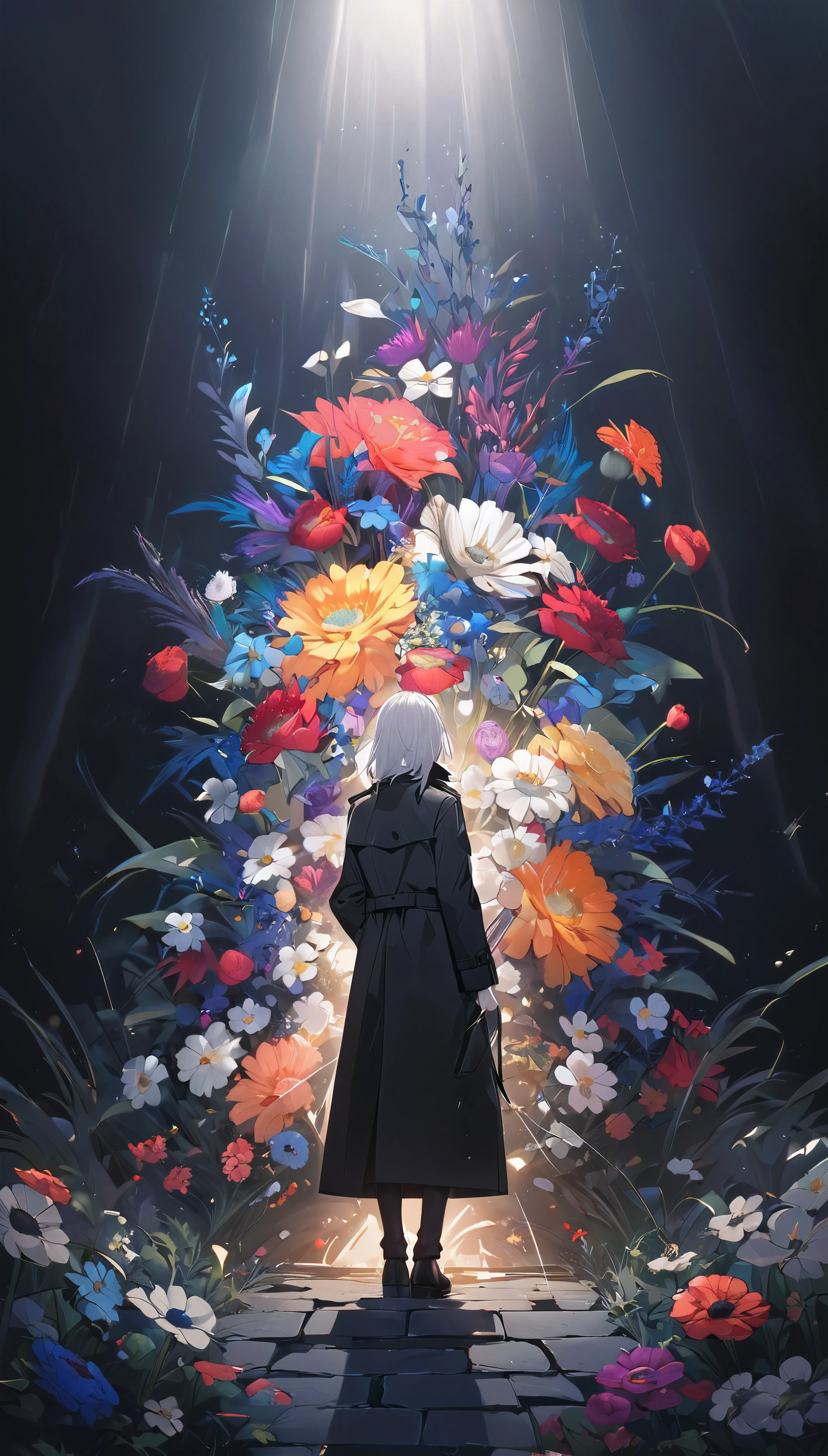 A black trench coat holding a bouquet,
Professional spray work, Detailed and intricate brushwork, Detailed and clear depiction, Absurd aesthetics, Minimalism, Clear, crisp art, perfection,
BREAK ((A bouquet wrapped in a black trench coat, Aesthetic and vibrant colors, Garnished with white anemone flowers)),
BREAK Clear and crisp, A charming black trench coat, In front of a faded gravestone, A bold and powerful composition,
BREAK Detailed and complex texture, Luxurious wool texture, very fine-grained, A black trench coat enveloping a bouquet,
BREAK Sharp, thin lines by a professional illustrator,
BREAK Transparent full-color faded background emphasizes the presence of the court, Aesthetic Minimalism,
BREAK Aesthetically pleasing breeze, dramatic cinematographic lighting,
BREAK Fleeting Love, Silence, Sadness,
(Dynamic wide shot:1.3),
BREAK Highest Quality Rendering, Highest quality, Highest Resolution,