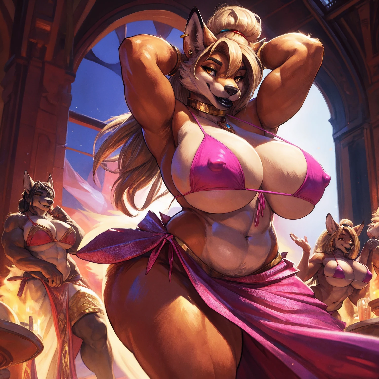 uploaded to e621.net, masterpiece, 8k, vixen, blonde, long hair, (topknot:1.2), genie, (huge bottom lip:1.2), black lip gloss, accurate hands, (pink micro bikini top:1.2), pink sarong wrap, huge breasts, nipple outline, large areolae, hyper hips, gold jewelry, ear piercings, hands behind head, dancing, magic display, smiling, golden eyes, by darkgem, by duase,
