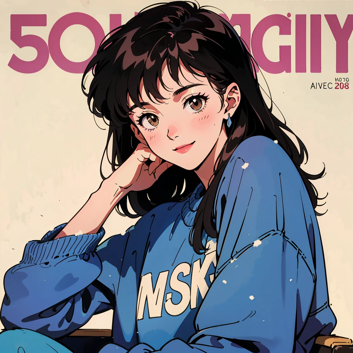 Best image quality, 1980s style animation, 21 year old girl, black hair, long hair, light brown eyes, skin as pale as snow, With a baggy sweatshirt, white background, magazine cover, whole body , sit on a chair , posing, Smiling broadly, So pretty, sexy face, whole body