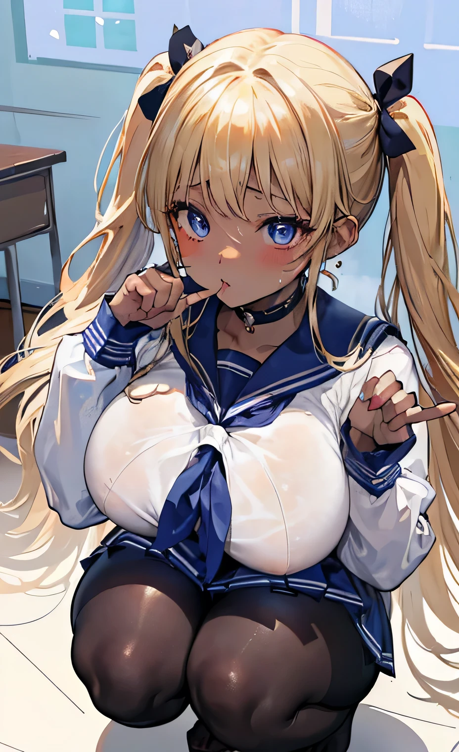 (masterpiece:1.2、Highest quality、Tmasterpiece)、(1 female)、alone、classroom、Day、(Squat:1.2)、whole body、beauty、blonde、Twin tails、blue eyes、(Sailor suit:1.4)、(Dark Skin:1.4)、break、Big Breasts、Long sleeve、Earrings、lipstick、(pantyhose:1.2)、weaty、choker、blush、Covered breasts、Bangs braids、(Thick lips:1.2)、((Blowjob face:1.1)),(Spit drips:1.2)、(Hand gripping penis:1.2),(Blowjob pose:1.2),(Looking up:1.2)