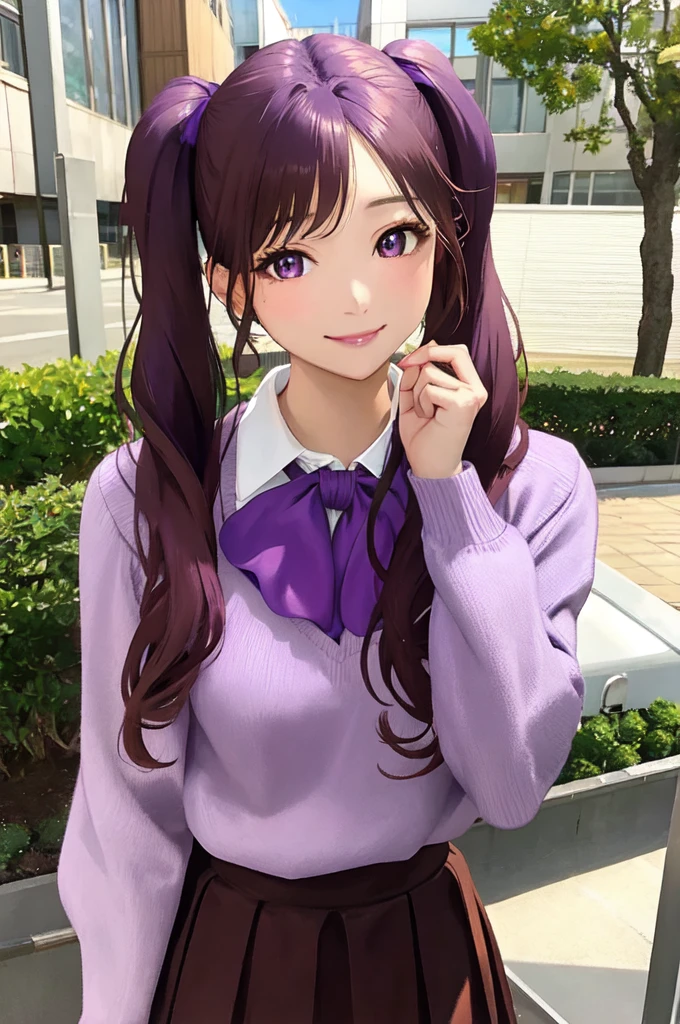 masterpiece, best quality, detailed face, detailed eyes, HUDaniela, purple hair, brown eyes, medium breasts, skirt, sweater, twintails, smile, ascot, standing, school, outdoors, desnuda sexy front