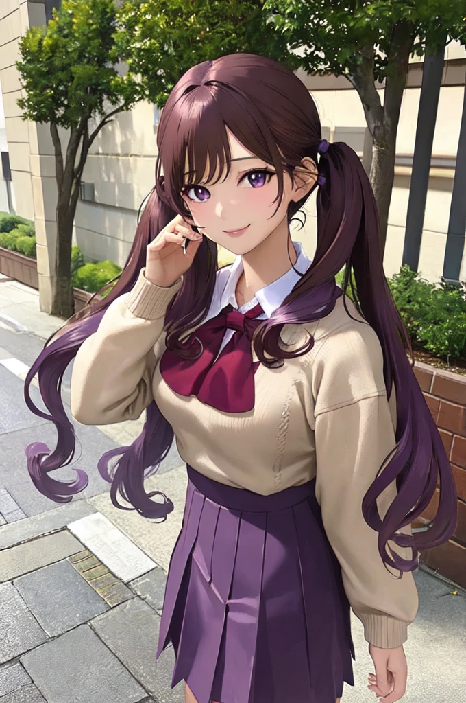 masterpiece, best quality, detailed face, detailed eyes, HUDaniela, purple hair, brown eyes, medium breasts, skirt, sweater, twintails, smile, ascot, standing, school, outdoors, desnuda sexy front