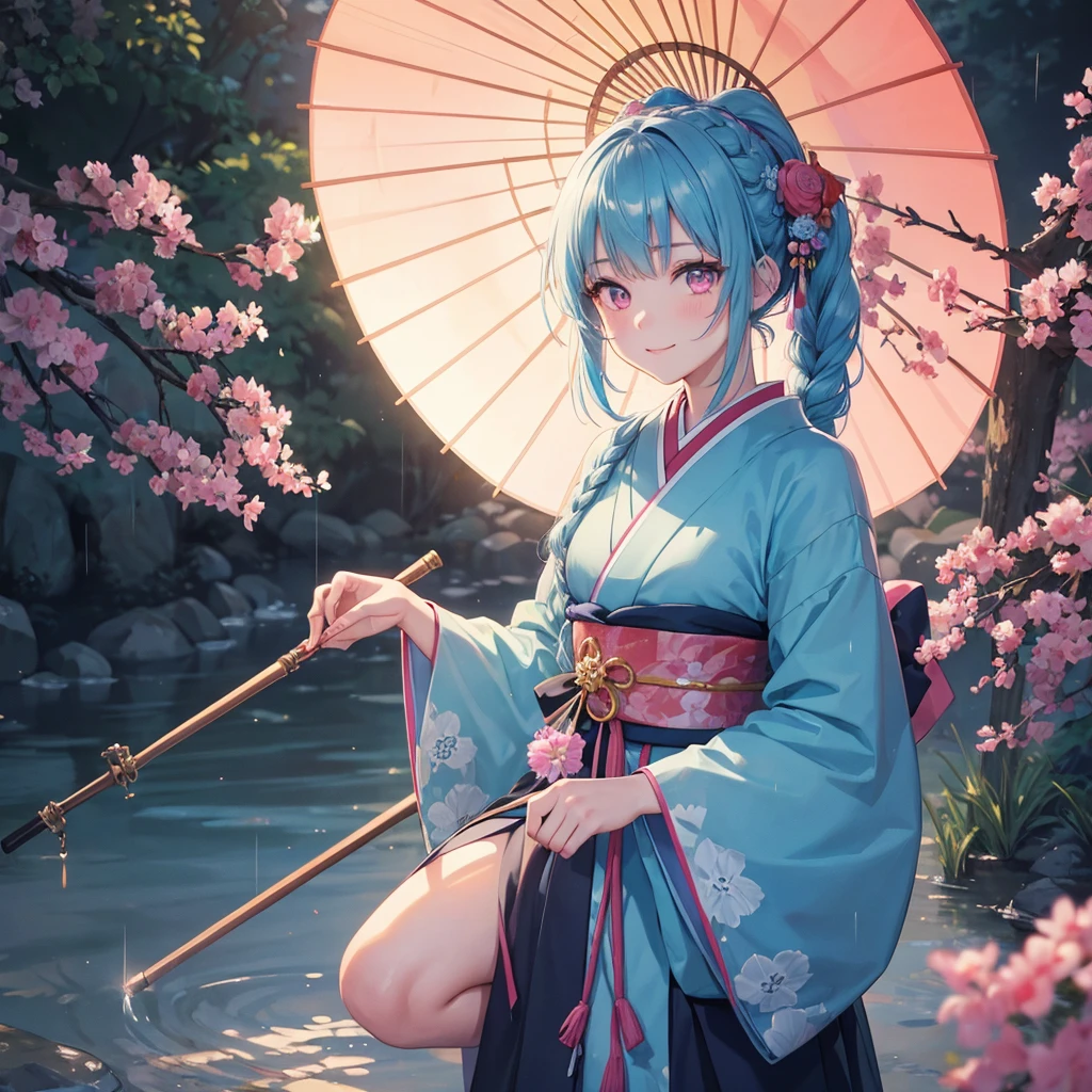 sky Blue hair, (braided ponytail),(pink eyes),fair skin ,(full body),(1 girl),smile,Straight Bangs,(masterpiece, best quality, ultra-detailed, best shadow), (detailed background), (beautiful detailed face), high contrast, (best illumination, an extremely delicate and beautiful), ((cinematic light)), colorful, hyper detail, dramatic light, intricate details,rain shower,kyoto,Japanese Umbrella,kimono,