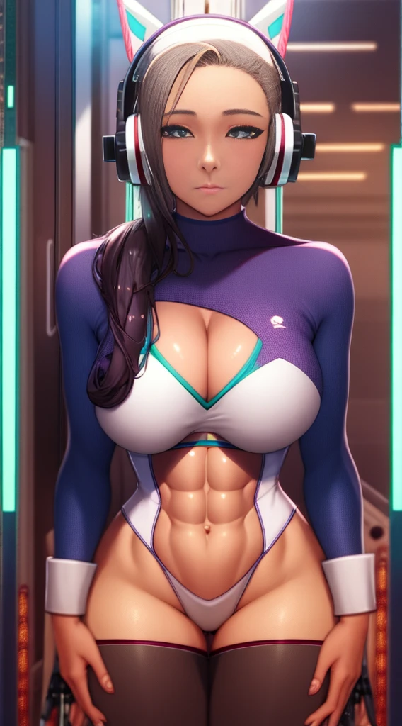(1GIRL, alone, 独奏), (super detailed face), (Black Long Hair:1.2), (BIG BUTTOCKS, 11 LINE ABS, CLEAVAGE, HUGE FAKE BREASTS:1.5), (MECHA GUARD ARM:1.3), (A girl wearing sexy clothing，scantily clad，Whit cyberpunk sexy maillot，tight clothing，maillot，tight，fitting closely，High slit tight fitting clothing，Glowing eyes，Gloves，（A huge chest：1.4）,Large area of skin，The only person，lackluster in one's eyes，A cold expression，White woman，mechanical artificial limb,Mechanical neck，mechanical high heel stiletto boots, Slim waist, Wide hips，High target，Full body portrait，完美的woman身体，woman形象，High-tech laboratory，woman，a voluptuous figure，Mechanical joints，Cyberpunk，Half of the chest is not covered，Thigh gap， Ceramic material，Hollow waist，Facing the audience，very short shaved hair，White hair，crew cut，tomboy， giant breasts, giant ass, very curvy, shiny silver hair, bright blue coloured eyes, cyborg, robotic arms，mechanical parts，Bare thighs，Sexy clothing，Mechanical headphones，Expose buttocks,Bare waist，Large area skin exposure， MECHA GUARD ARMOR LEGS, HIGH HEELS:1.5), (THICC MUSCULAR FEMALE BODY, SEXY LONG LEGS:1.1), (LOOKING AT VIEWER:1.3), (female focus:0.886),(BRIGHT LIGHTING:1.5), ULTRA HIGHT DEFINITION,Whit，highleg leotard，cyborg，cyberpunk
