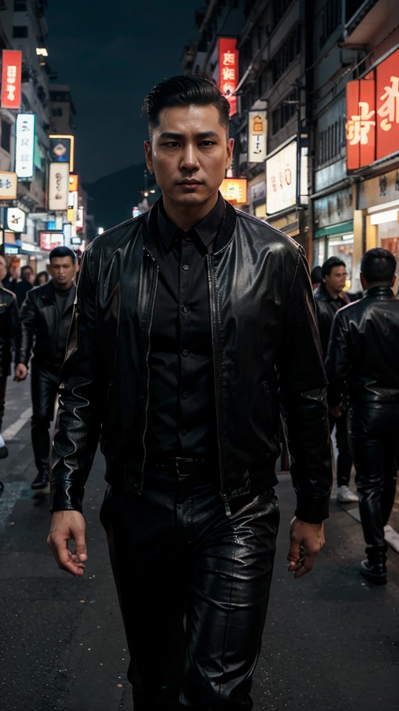 A handsome Hong Kong mafia boss is walking coolly with a gang of mafia, wearing a shiny black leather jacket, Undercut hair is combed neatly, night road background, real photo, professional photo, clear photo, realistic photo, full HD, 4k 