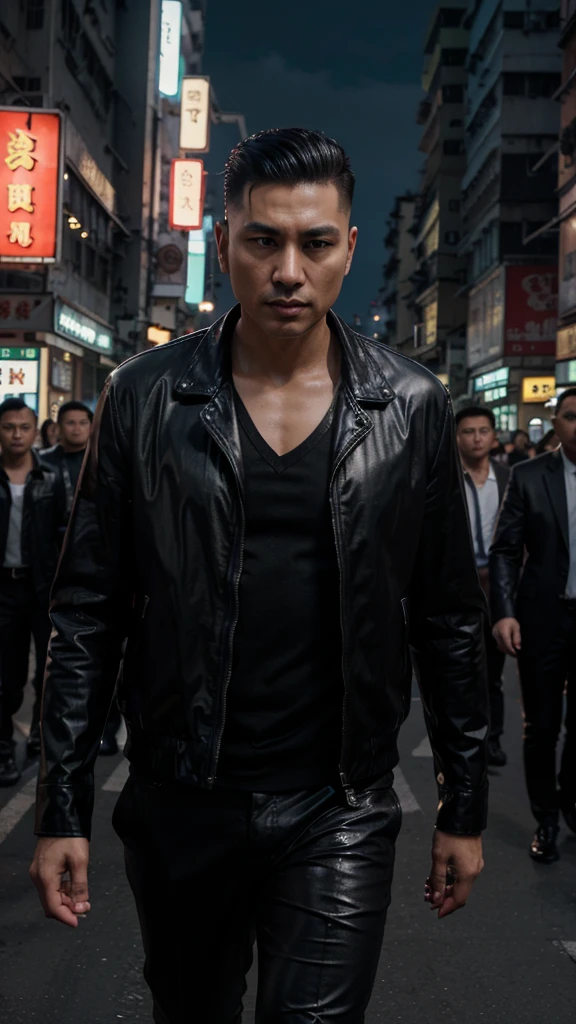 A handsome Indonesian mafia boss, is walking coolly with a bunch of mafia, wearing a shiny black leather jacket, Undercut hair is combed neatly, night road background, real photo, professional photo, clear photo, realistic photo, full HD, 4k 