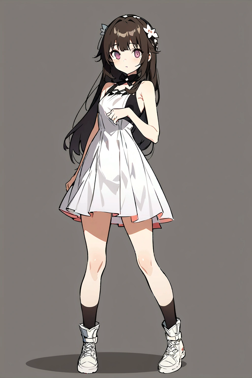 anime girl in a short dress and white shoes posing for a photo, anime girl wearing a black dress, anime full body illustration, Girls' Frontline style, fine-details. Girls' Frontline, from Girls' Frontline, cute anime waifu in a beautiful dress, full-length portrait of a short!, yandere. Cao Cao, Guweiz, dress 