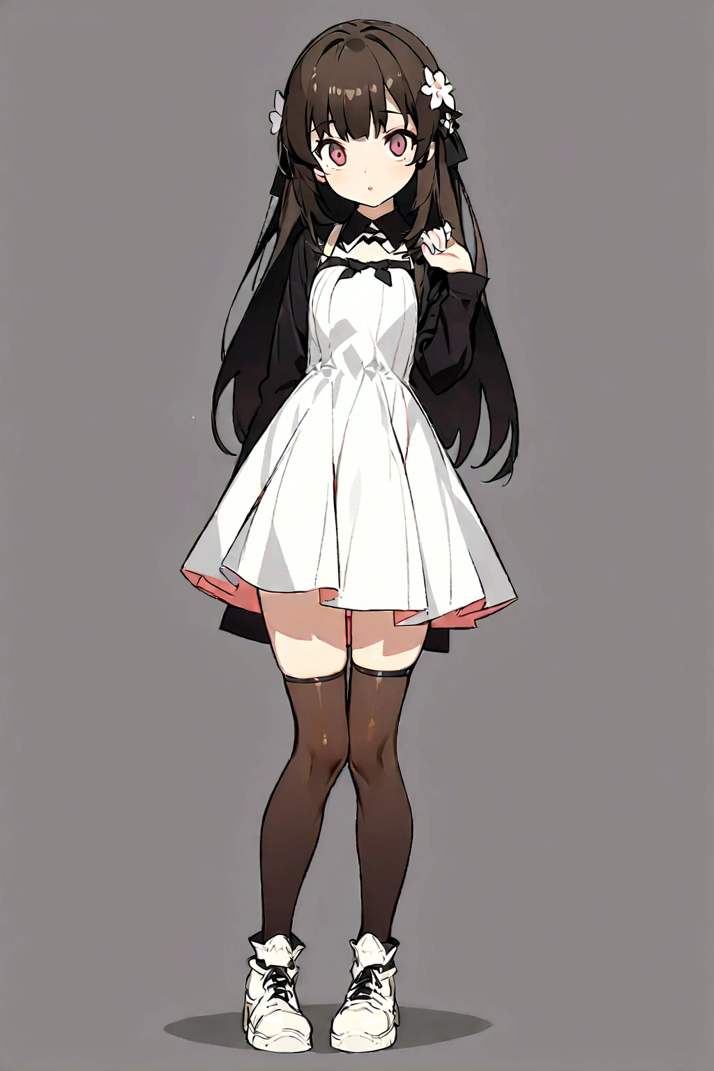anime girl in a short dress and white shoes posing for a photo, anime girl wearing a black dress, anime full body illustration, Girls' Frontline style, fine-details. Girls' Frontline, from Girls' Frontline, cute anime waifu in a beautiful dress, full-length portrait of a short!, yandere. Cao Cao, Guweiz, dress
