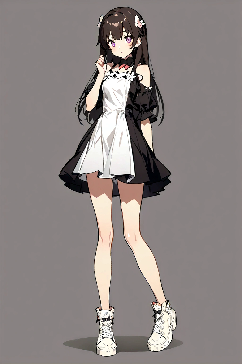 anime girl in a short dress and white shoes posing for a photo, anime girl wearing a black dress, anime full body illustration, Girls' Frontline style, fine-details. Girls' Frontline, from Girls' Frontline, cute anime waifu in a beautiful dress, full-length portrait of a short!, yandere. Cao Cao, Guweiz, dress