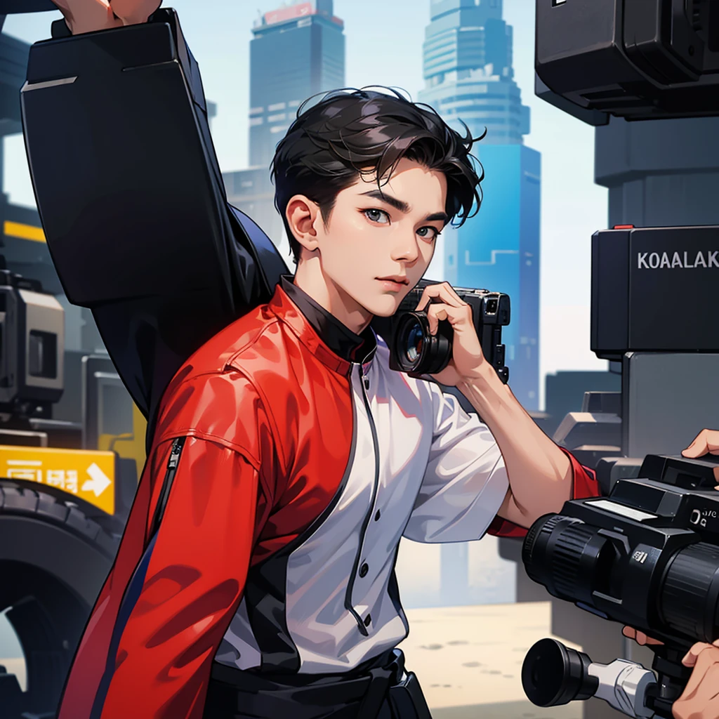an Indonesian man taking photos in the Korean crowd, wearing a jacket and standing straight facing the camera. The photo was taken from the front position, the background is one of the cities in South Korea, the image looks like it was taken by a professional photographer.