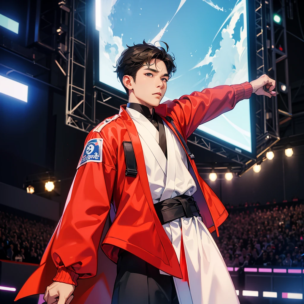 an Indonesian man taking photos in the Korean crowd, wearing a jacket and standing straight facing the camera. The photo was taken from the front position, the background is one of the cities in South Korea, the image looks like it was taken by a professional photographer.
