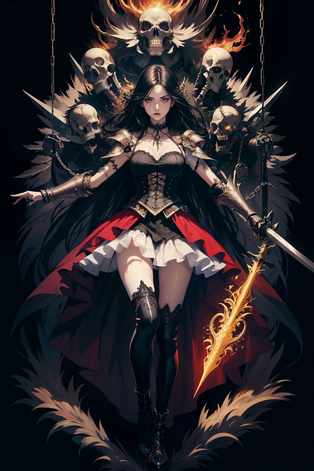 ((Finest quality)),(超A high resolution),(ultra-detailliert),(Meticulous portrayal),((Best Anime)),(Finest works of art),(Ultra-Precision Art),(The art of astounding depiction,Overwhelming depiction:1.5),(intricate and detailed art:1.6), (adult woman:1.5),(Hanging:1.6),Staring at this:1.4,sneering:1.5,(Armor shaped like a skeleton:1.3), (Black Flame:1.5), terrifying, nightmarish, cosmic horror, a heavenly female knight, biblical, very skinny, detailed, best quality, prominent collarbones, skinny arms, flat stomach, visible hip bones, dynamic poses, full body, red and white clothing, occult aesthetic, occult, detailed and intricate steampunk and detailed gothic, Fluttering lace flared long knee length dress with frilly petticoats, knee length dress, pleated petticoats, petticoats gothic, complex lace boots, gothic aesthetic, wielding a mighty sword with mechanical components, mandalas, full body, whole body, body, chains,