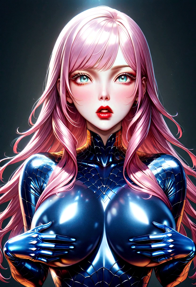 (ultra realistic,32k,RAW photo:1.1),(high detailed skin:1.1), 8k uhd, dslr, high quality, film grain, (makeup, mascara:1.1), lips,(thick\lips\), 
(shiny glossy translucent clothing:1.1), 1girl,pink hair, long hair,(aqua eyes:0.9), black Spider Man costume, gloves, ???????????, (upper body:1.2),
Pretending to push an invisible object,
 (busty:1.1) ,  (chubby:0.1),(volumetric lighting:1.2), dark theme blank background