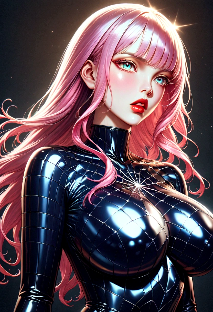 (ultra realistic,32k,RAW photo:1.1),(high detailed skin:1.1), 8k uhd, dslr, high quality, film grain, (makeup, mascara:1.1), lips,(thick\lips\), 
(shiny glossy translucent clothing:1.1), 1girl,pink hair, long hair,(aqua eyes:0.9), black Spider Man costume, gloves, , (upper body:1.2),
Pretending to push an invisible object,
 (busty:1.1) ,  (chubby:0.1),(volumetric lighting:1.2), dark theme blank background
