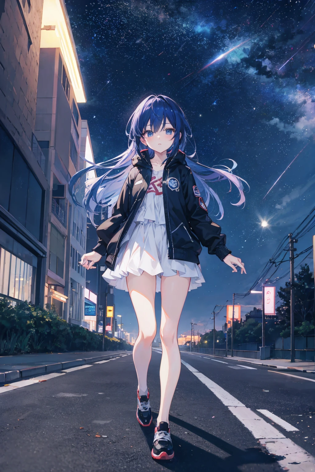 Anime boy walking on road at night with city background, Beautiful starry sky,Shining starry sky,Glowing stars,4 k manga wallpaper, Best Anime 4K Wallpapers, anime style 4 k, Anime art wallpaper 8k, anime art wallpaper 4k, anime art wallpaper 4k, 4k anime wallpaper, anime style cityscape, anime wallpaper 4k, The highest image quality,UHD,