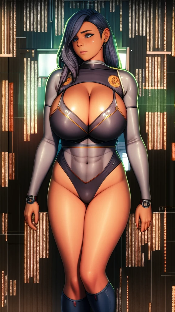 (1GIRL, alone, 独奏), (super detailed face), (Black Long Hair:1.2), (BIG BUTTOCKS, 11 LINE ABS, CLEAVAGE, HUGE FAKE BREASTS:1.5), (MECHA GUARD ARM:1.3), (A girl wearing sexy clothing,scantily clad,Whit cyberpunk sexy maillot,tight clothing,maillot,tight,fitting closely,High slit tight fitting clothing,Glowing eyes,Gloves,(A huge chest:1.4),Large area of skin,The only person,lackluster in one's eyes,A cold expression,White woman,mechanical artificial limb,Mechanical neck,mechanical high heel stiletto boots, Slim waist, Wide hips,High target,Full body portrait,完美的woman身体,woman形象,High-tech laboratory,woman,a voluptuous figure,Mechanical joints,Cyberpunk,Half of the chest is not covered,Thigh gap, Ceramic material,Hollow waist,Facing the audience,very short shaved hair,White hair,crew cut,tomboy, giant breasts, giant ass, very curvy, shiny silver hair, bright blue coloured eyes, cyborg, robotic arms,mechanical parts,Bare thighs,Sexy clothing,Mechanical headphones,Expose buttocks,Bare waist,Large area skin exposure, MECHA GUARD ARMOR LEGS, HIGH HEELS:1.5), (THICC MUSCULAR FEMALE BODY, SEXY LONG LEGS:1.1), (LOOKING AT VIEWER:1.3), (female focus:0.886),(BRIGHT LIGHTING:1.5), ULTRA HIGHT DEFINITION,Whit,highleg leotard,cyborg,cyberpunk