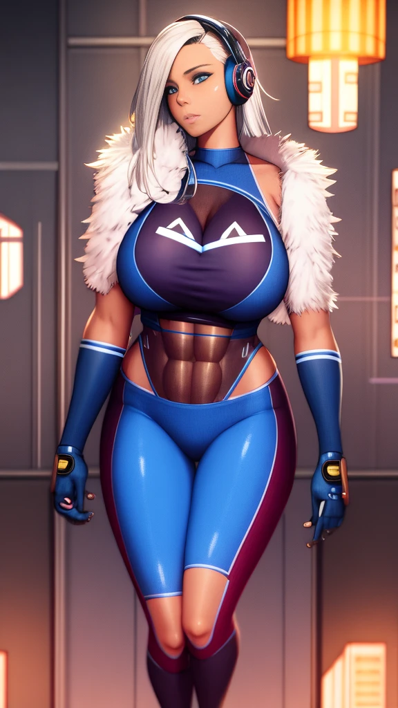 (1GIRL, alone, 独奏), (super detailed face), (Black Long Hair:1.2), (BIG BUTTOCKS, 11 LINE ABS, CLEAVAGE, HUGE FAKE BREASTS:1.5), (MECHA GUARD ARM:1.3), (A girl wearing sexy clothing，scantily clad，Whit cyberpunk sexy maillot，tight clothing，maillot，tight，fitting closely，High slit tight fitting clothing，Glowing eyes，Gloves，（A huge chest：1.4）,Large area of skin，The only person，lackluster in one's eyes，A cold expression，White woman，mechanical artificial limb,Mechanical neck，mechanical high heel stiletto boots, Slim waist, Wide hips，High target，Full body portrait，完美的woman身体，woman形象，High-tech laboratory，woman，a voluptuous figure，Mechanical joints，Cyberpunk，Half of the chest is not covered，Thigh gap， Ceramic material，Hollow waist，Facing the audience，very short shaved hair，White hair，crew cut，tomboy， giant breasts, giant ass, very curvy, shiny silver hair, bright blue coloured eyes, cyborg, robotic arms，mechanical parts，Bare thighs，Sexy clothing，Mechanical headphones，Expose buttocks,Bare waist，Large area skin exposure， MECHA GUARD ARMOR LEGS, HIGH HEELS:1.5), (THICC MUSCULAR FEMALE BODY, SEXY LONG LEGS:1.1), (LOOKING AT VIEWER:1.3), (female focus:0.886),(BRIGHT LIGHTING:1.5), ULTRA HIGHT DEFINITION,Whit，highleg leotard，cyborg，cyberpunk