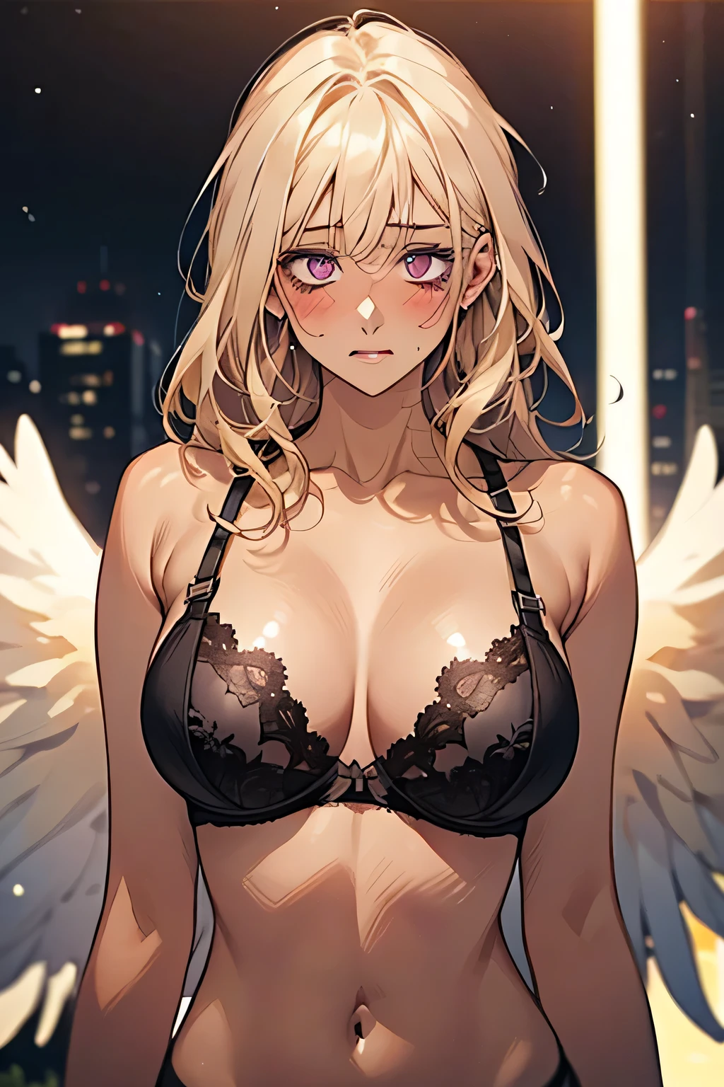 ((bionde)),((Embarrassing)),((Blush 1.5))Purple eyes,Black Bra,Large Breasts,((Brown Skin:1.5)),Angel wings. Las Vegas night view in the background,night.