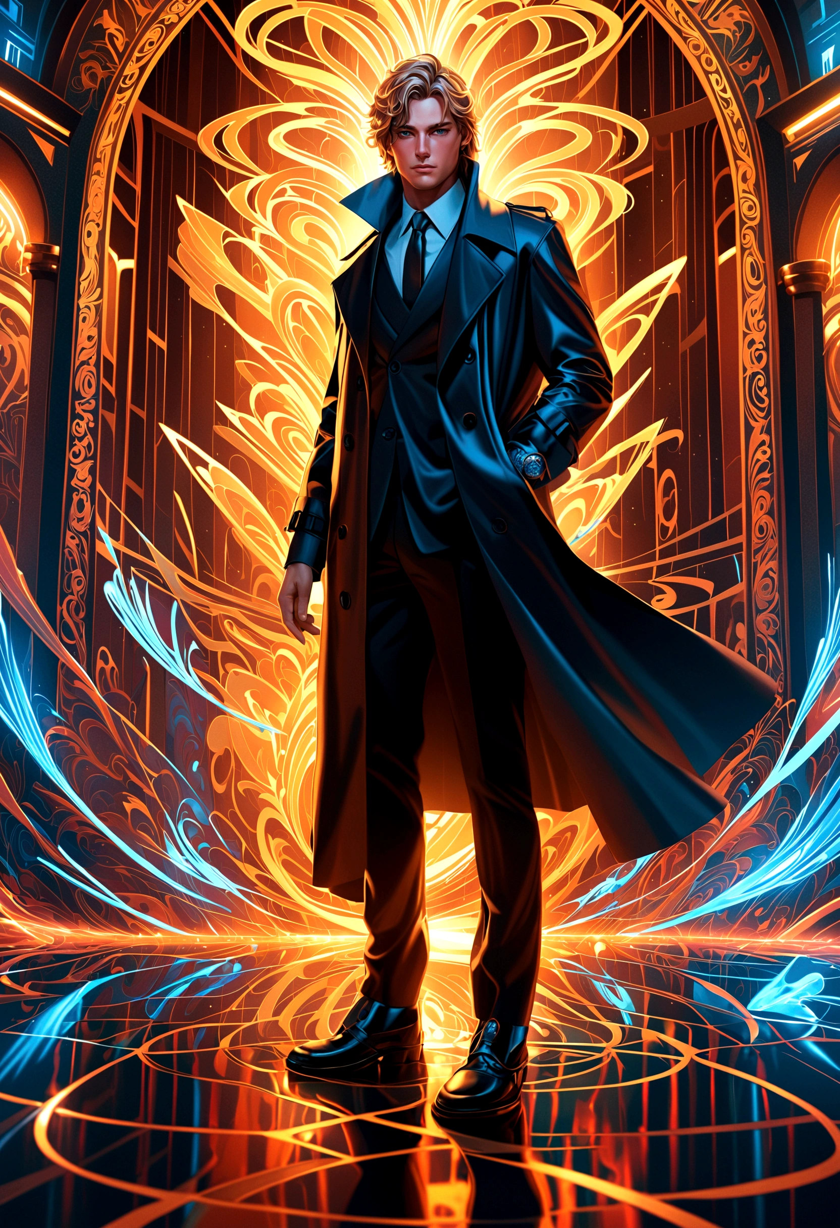 Optical illusion, Agent_ Black trench coat,Artwork by Brandon Woelfel (Alex Gray:1.07), Fantasy Art, High Detail, number, complex, 8K, ((Very detailed)), light, 戏剧性的light, intense, Clear focus, best quality, Ultra Detail.