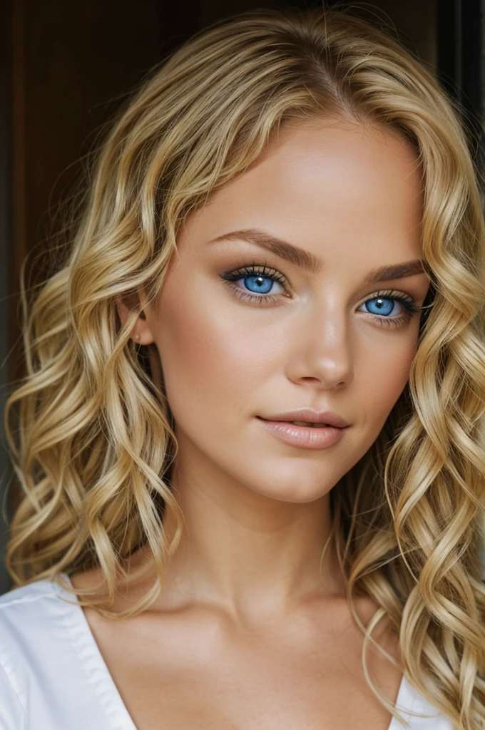 Blonde curly woman blue eyes 