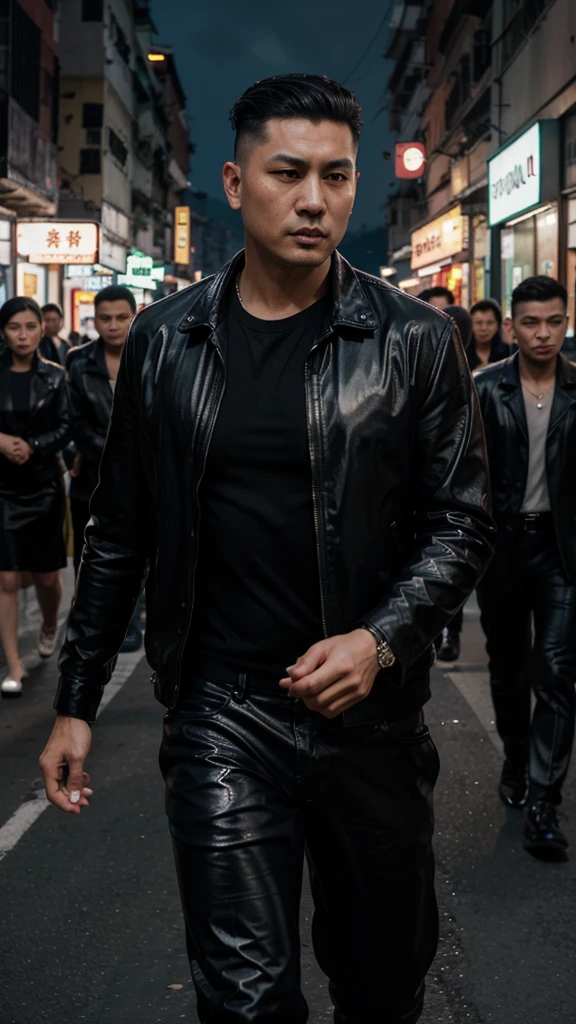 A handsome Hong Kong mafia boss is walking coolly with a gang of mafia, wearing a shiny black leather jacket, Undercut hair is combed neatly, night road background, real photo, professional photo, clear photo, realistic photo, full HD, 4k